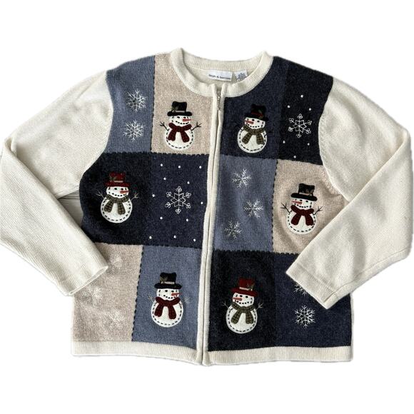 Croft & Barrow Snowman Cardigan L Patchwork Embroidered Grannycore Holiday - Picture 1 of 9